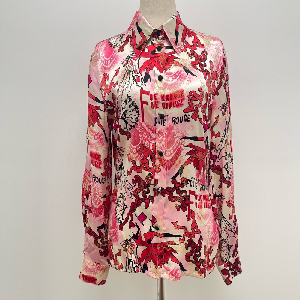 ESCADA Silk Long Sleeve Button Down Red Paris Shirt Size 34 X-Small - Picture 2 of 12